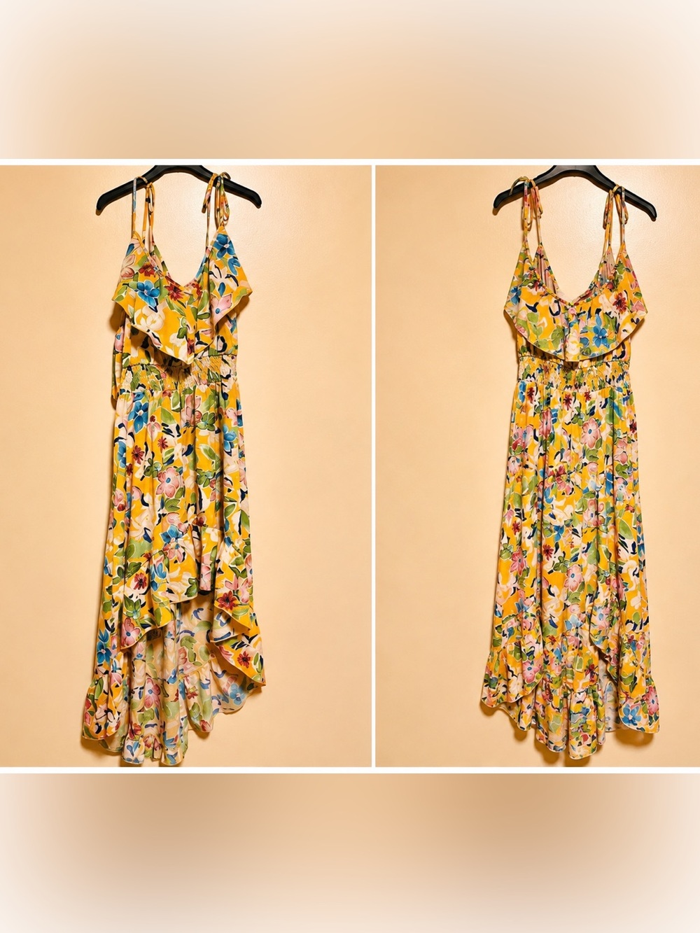 Yellow Floral Ruffle High-Low Maxi Sundress Size L - Picture 3 of 3